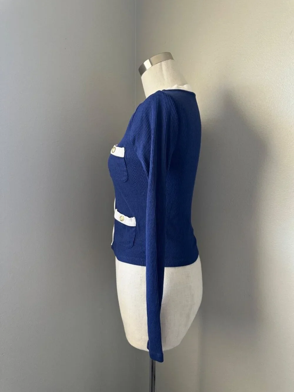 J.Crew Navy & White Ribbed Cardigan Sweater Long Sleeve Preppy Chic Sz XS